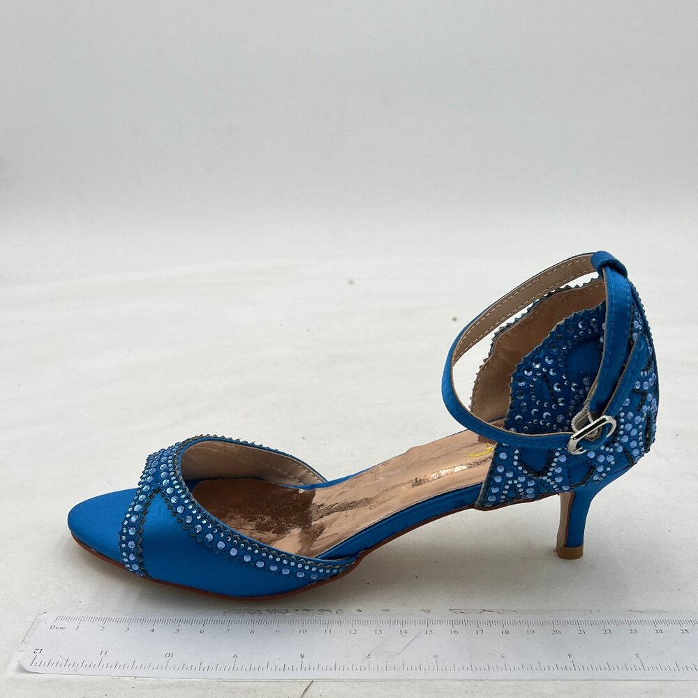 XYD Blue Chic Peep Toe D'Orsay Kitten Heel Rhinestone Studs Ankle Strap Sandals - Picture 2 of 8